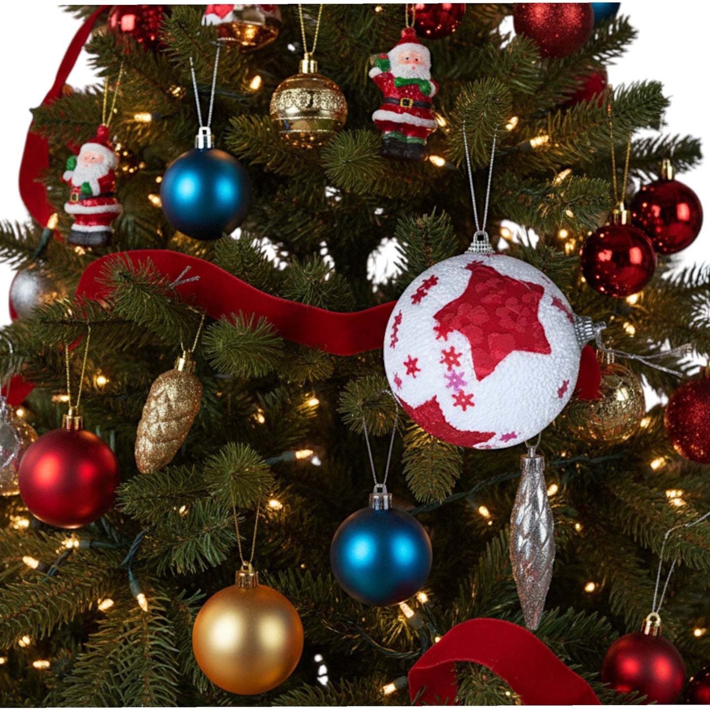 MHome 4-Piece Styrofoam Christmas Ball Ornament Set – White & Red Star Design