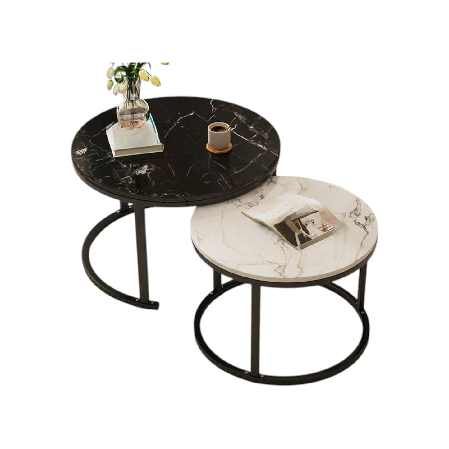 MFurn Nesting End Table Set of 2 – Round Marble Look Coffee Tables with Gold Frame