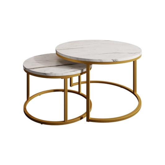 MFurn Nesting End Table Set of 2 – Round Marble Look Coffee Tables with Gold Frame