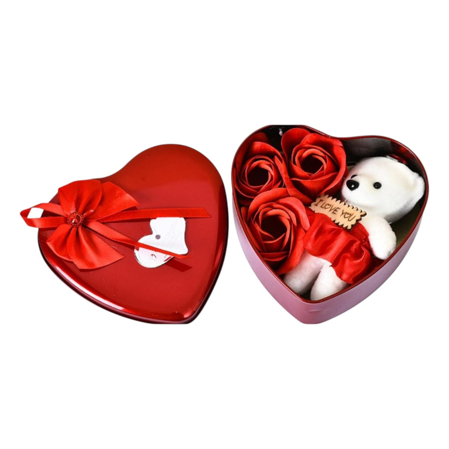 Valentine’s Day Rose Bear Gift Box – Artificial Rose Teddy with “I Love You” Design (Red)