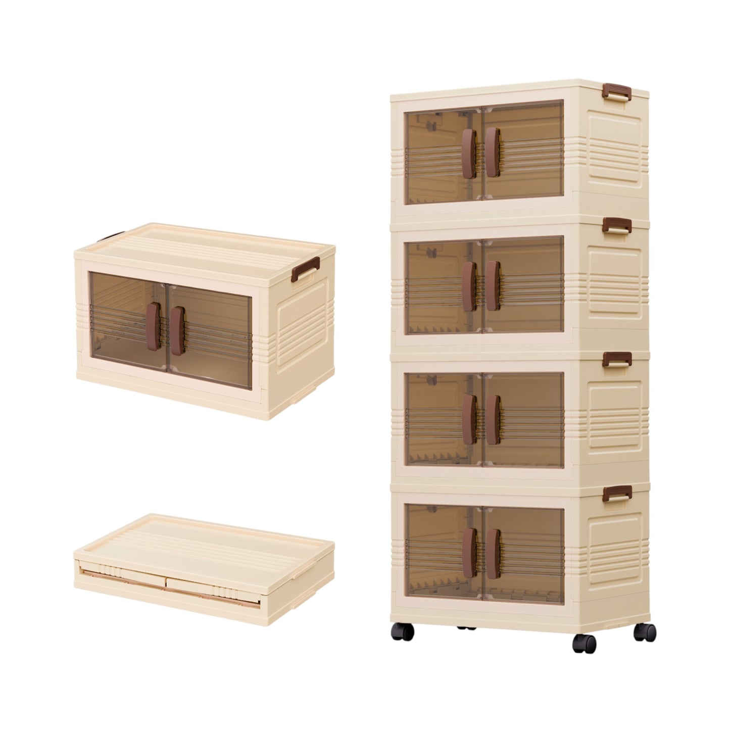 MHome 4-Tier Collapsible Storage Bins with Magnetic Doors - Plastic Folding Storage Cabinet with Wheels