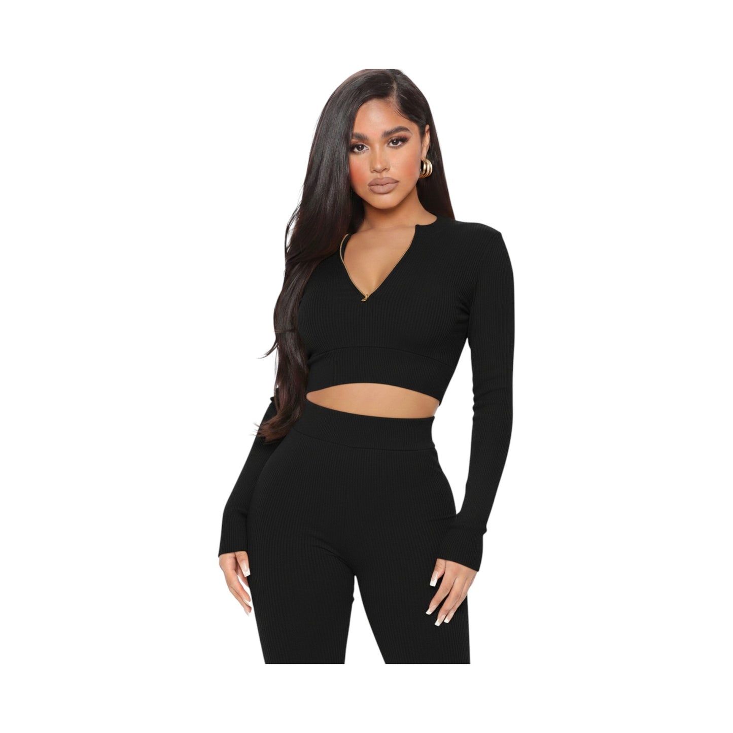 Women's Ribbed Seamless 2-Piece Set – Quarter-Zip Crop Top & Leggings
