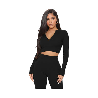 Women's Ribbed Seamless 2-Piece Set – Quarter-Zip Crop Top & Leggings