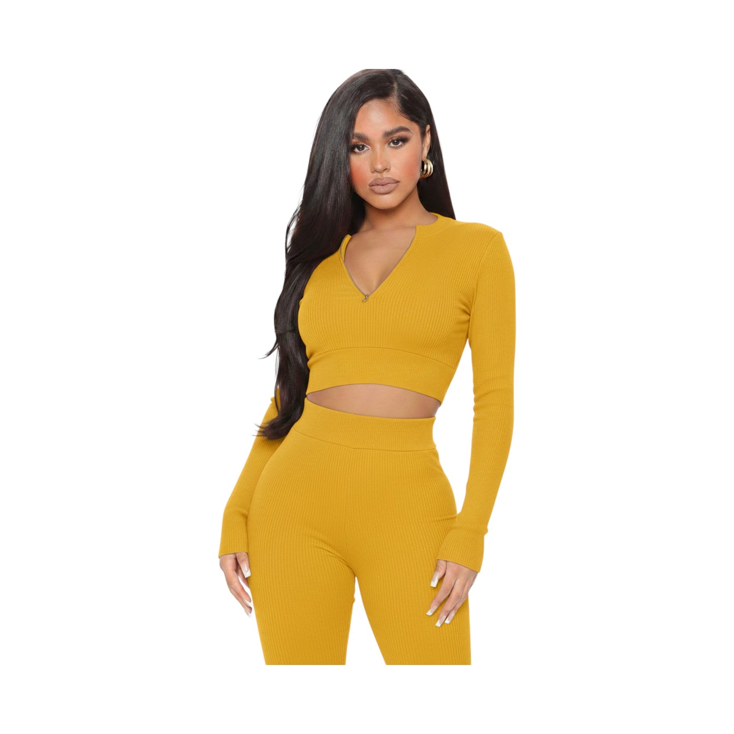 Women's Ribbed Seamless 2-Piece Set – Quarter-Zip Crop Top & Leggings