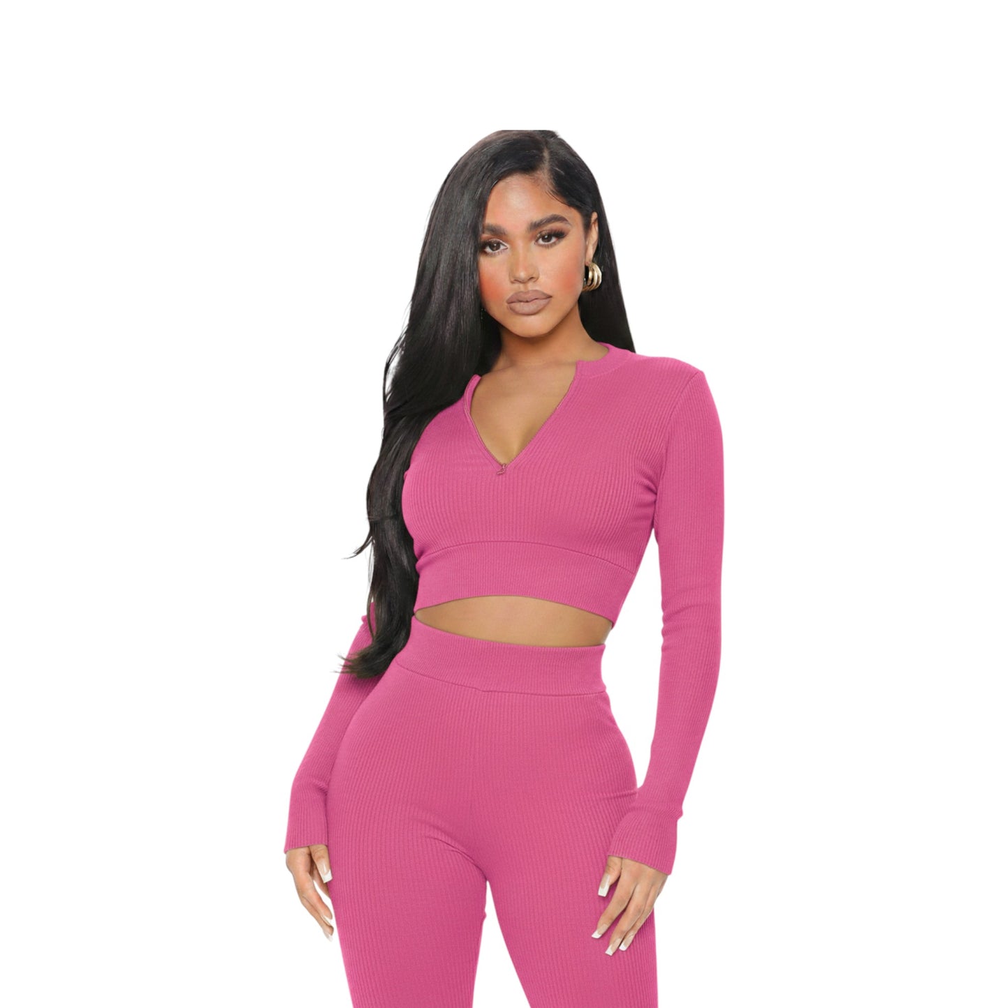 Women's Ribbed Seamless 2-Piece Set – Quarter-Zip Crop Top & Leggings