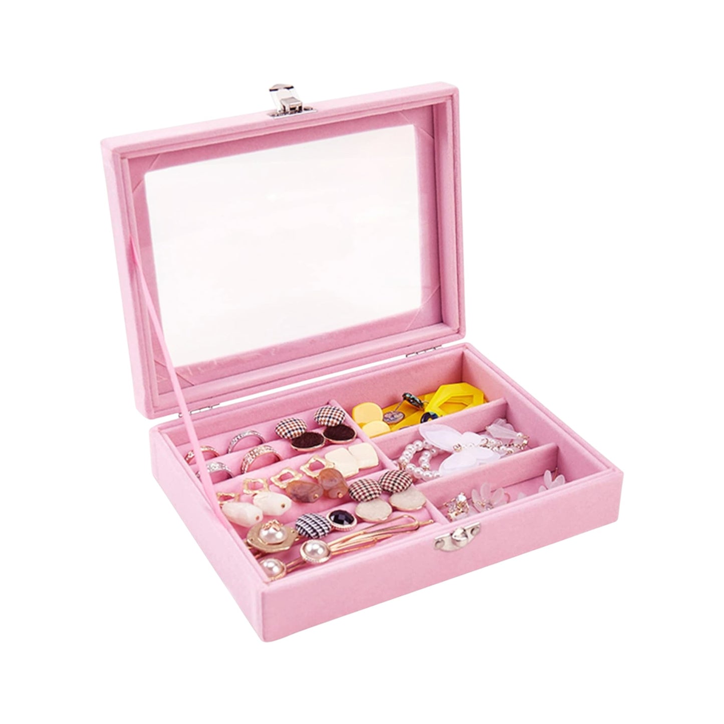MBEAUTY Velvet Jewelry Organiser Box with Glass Lid & Adjustable Compartments