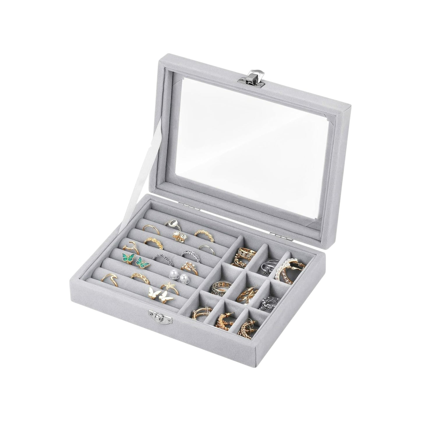 MBEAUTY Velvet Jewelry Organiser Box with Glass Lid & Adjustable Compartments