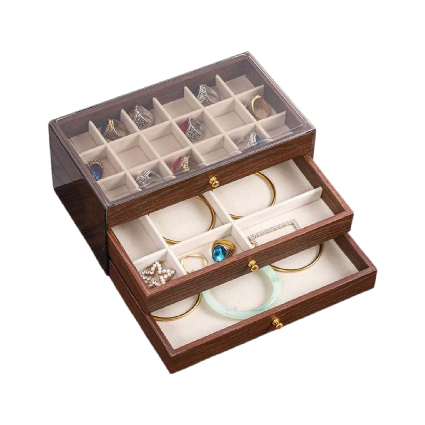 MHome 3-Layer Large Capacity Jewelry Box – Wooden Velvet Jewelry Display & Storage Case