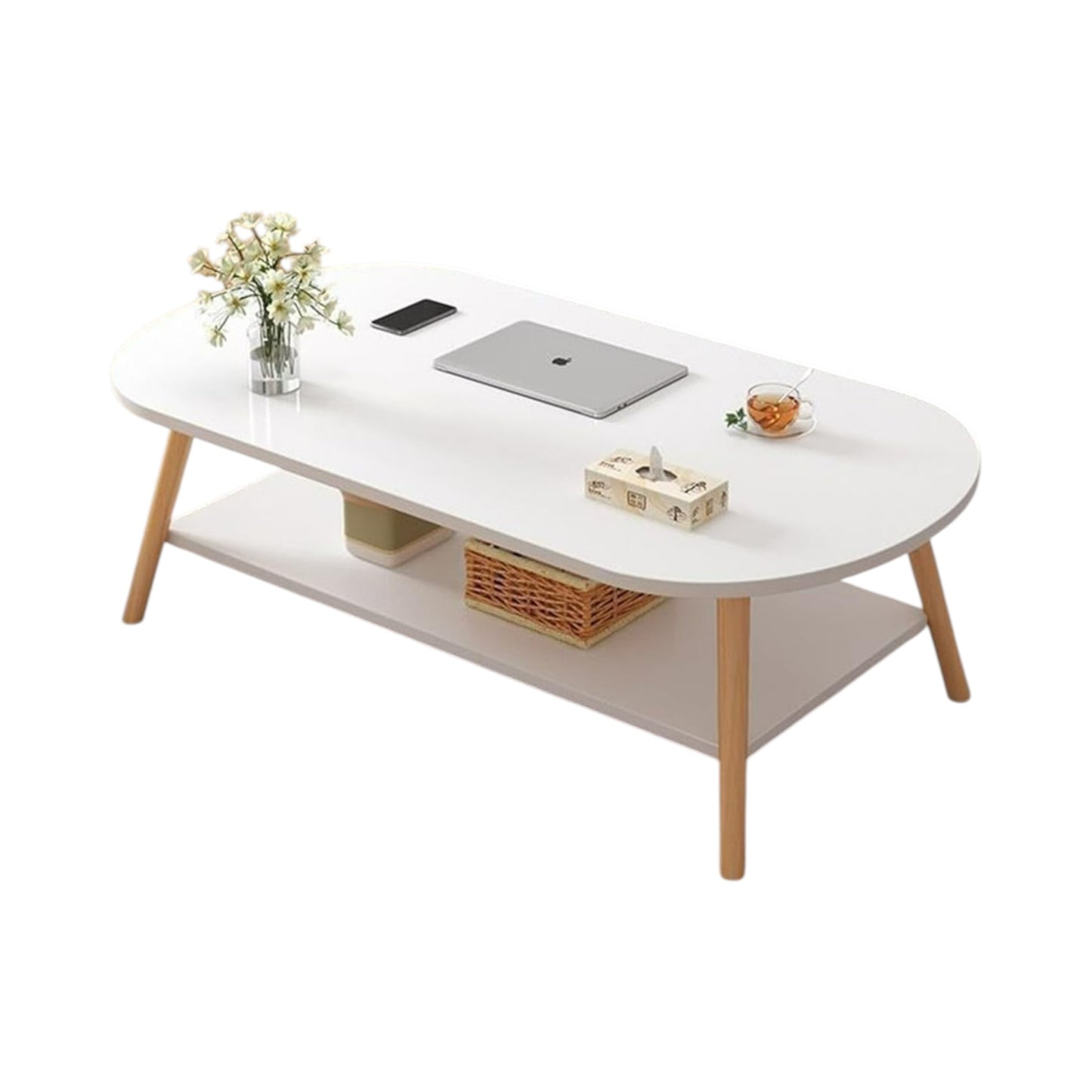 MFurn Modern Wooden Coffee Table with Storage Shelf – Oval Living Room Center Table