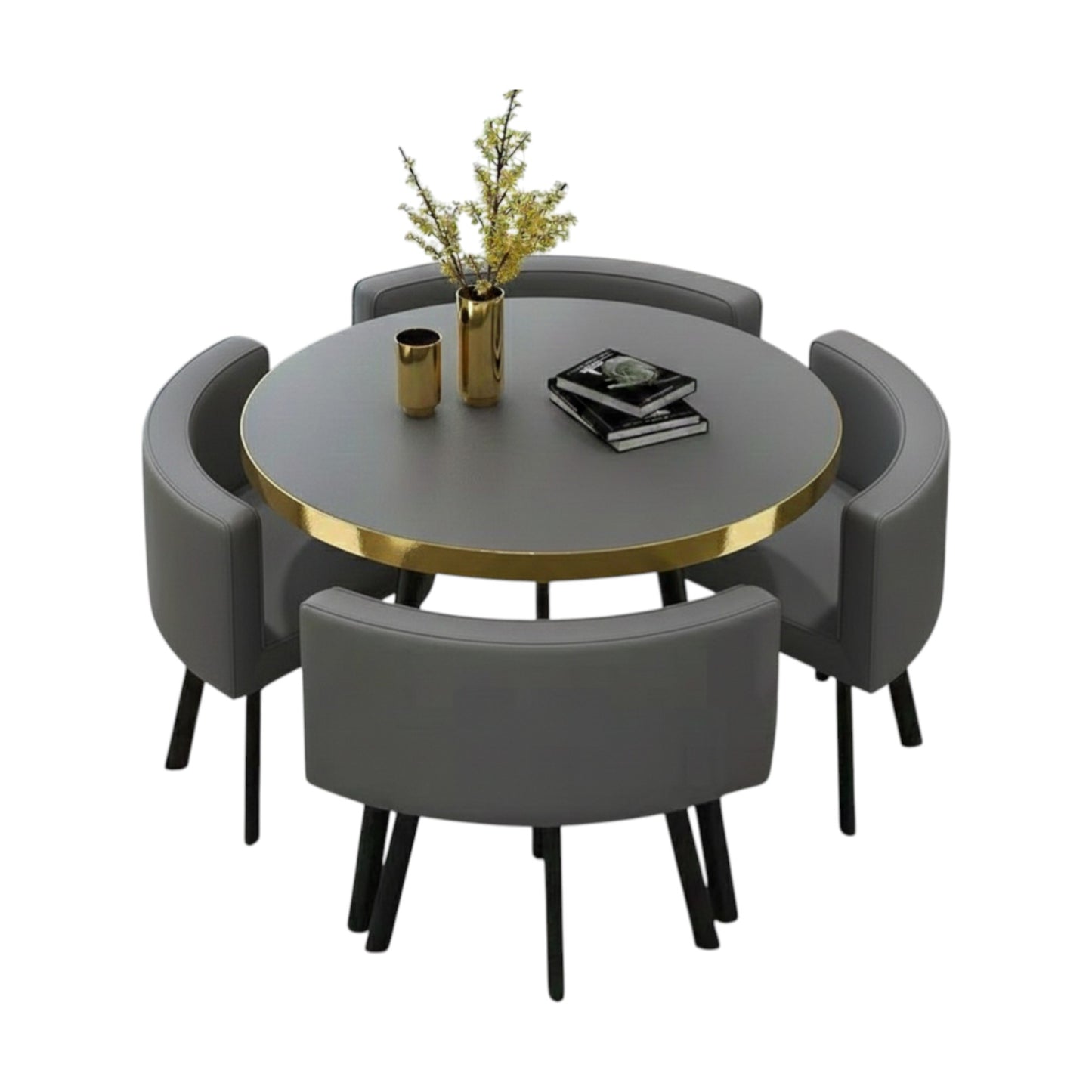 Modern Nordic Round Dining Table Set – 5pc Marble Look MDF Table with 4 PU Leather Chairs