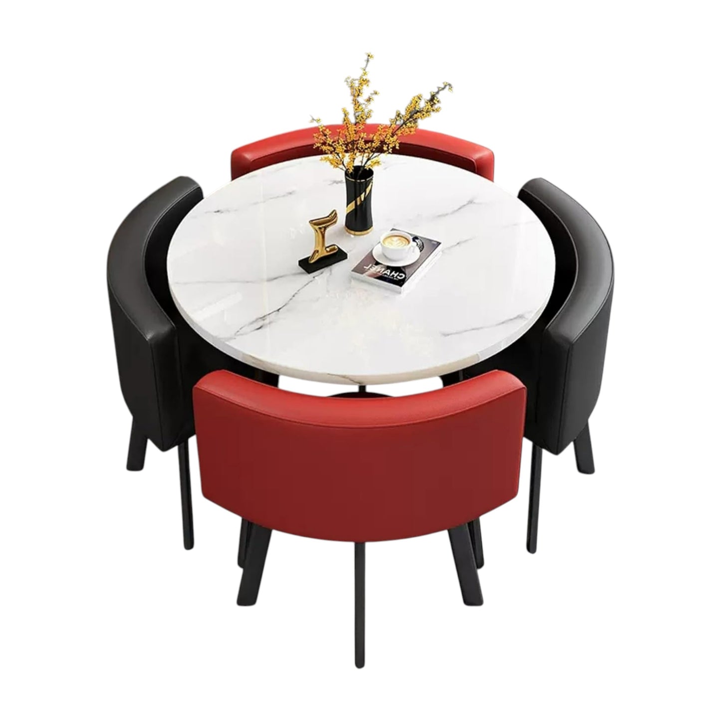 Modern Nordic Round Dining Table Set – 5pc Marble Look MDF Table with 4 PU Leather Chairs