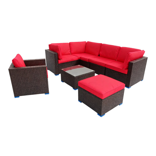 MFurn Terrace 8Pc Outdoor Rattan Wicker Patio Furniture Set with Red Cushions and Glass Coffee Table