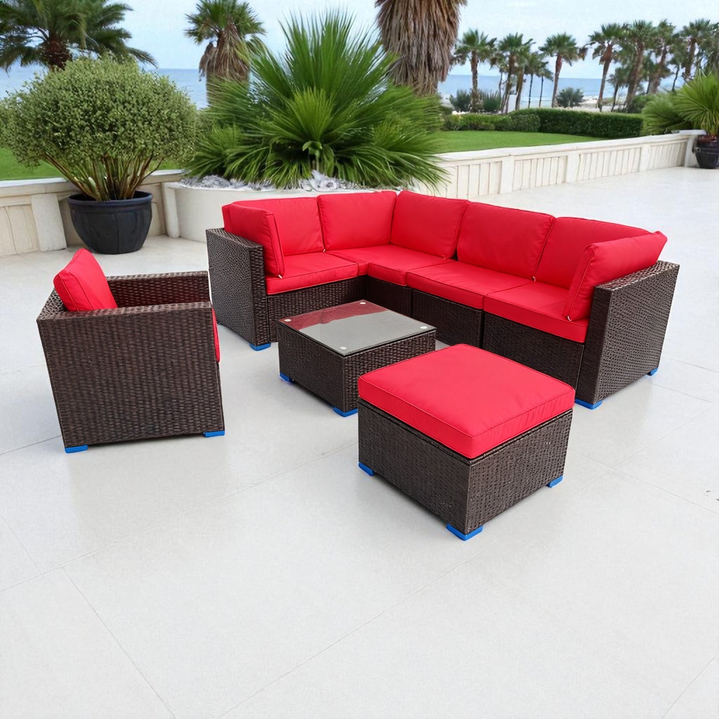 MFurn Terrace 8Pc Outdoor Rattan Wicker Patio Furniture Set with Red Cushions and Glass Coffee Table