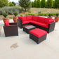 MFurn Terrace 8Pc Outdoor Rattan Wicker Patio Furniture Set with Red Cushions and Glass Coffee Table
