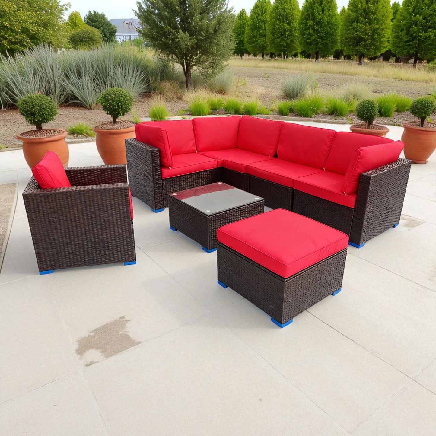 MFurn Terrace 8Pc Outdoor Rattan Wicker Patio Furniture Set with Red Cushions and Glass Coffee Table