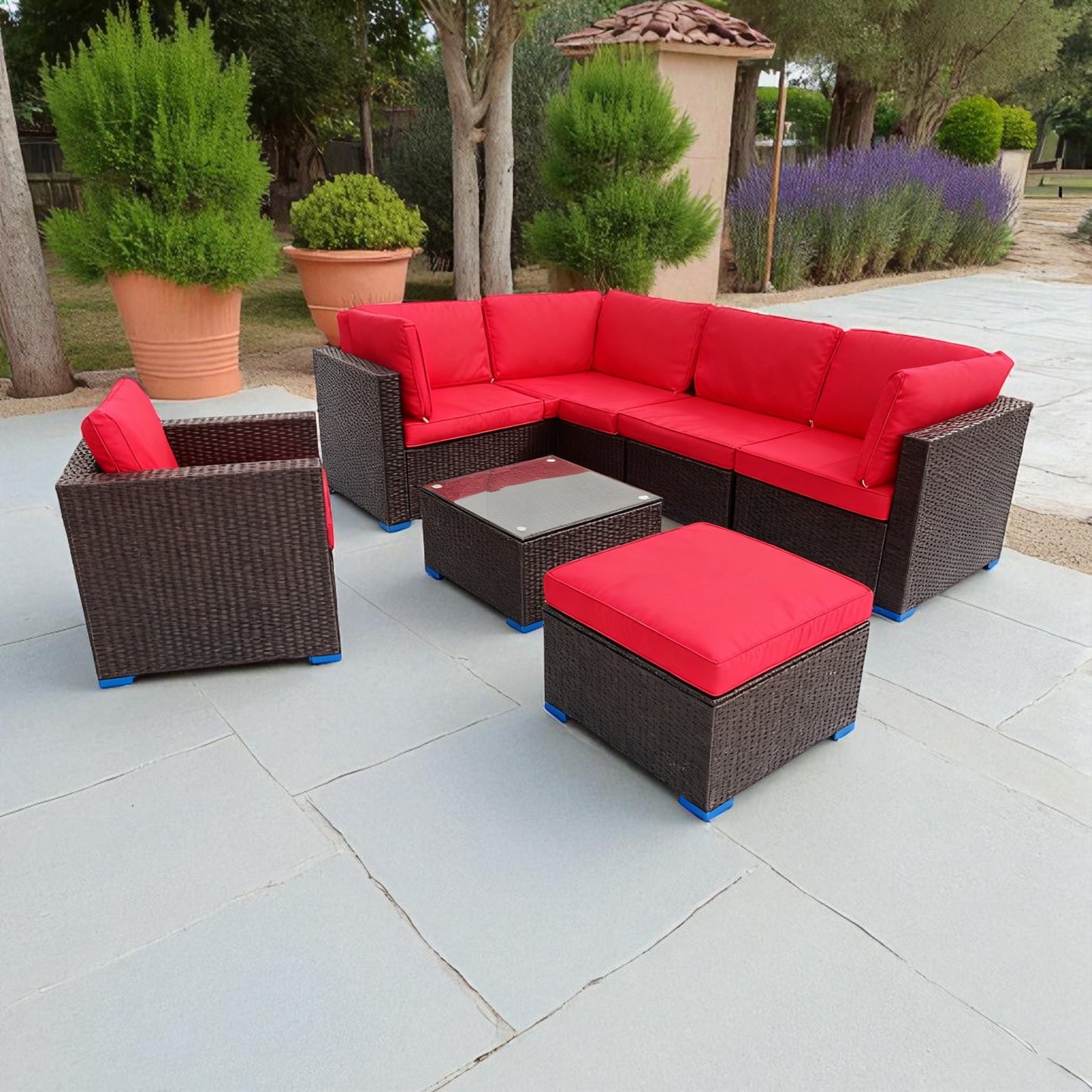 MFurn Terrace 8Pc Outdoor Rattan Wicker Patio Furniture Set with Red Cushions and Glass Coffee Table