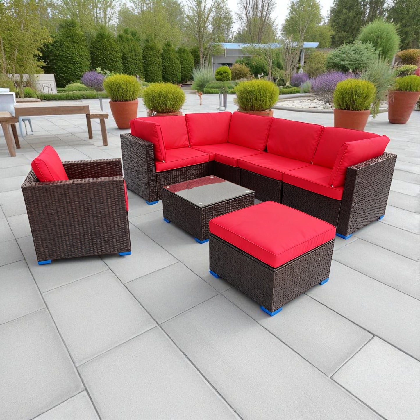MFurn Terrace 8Pc Outdoor Rattan Wicker Patio Furniture Set with Red Cushions and Glass Coffee Table