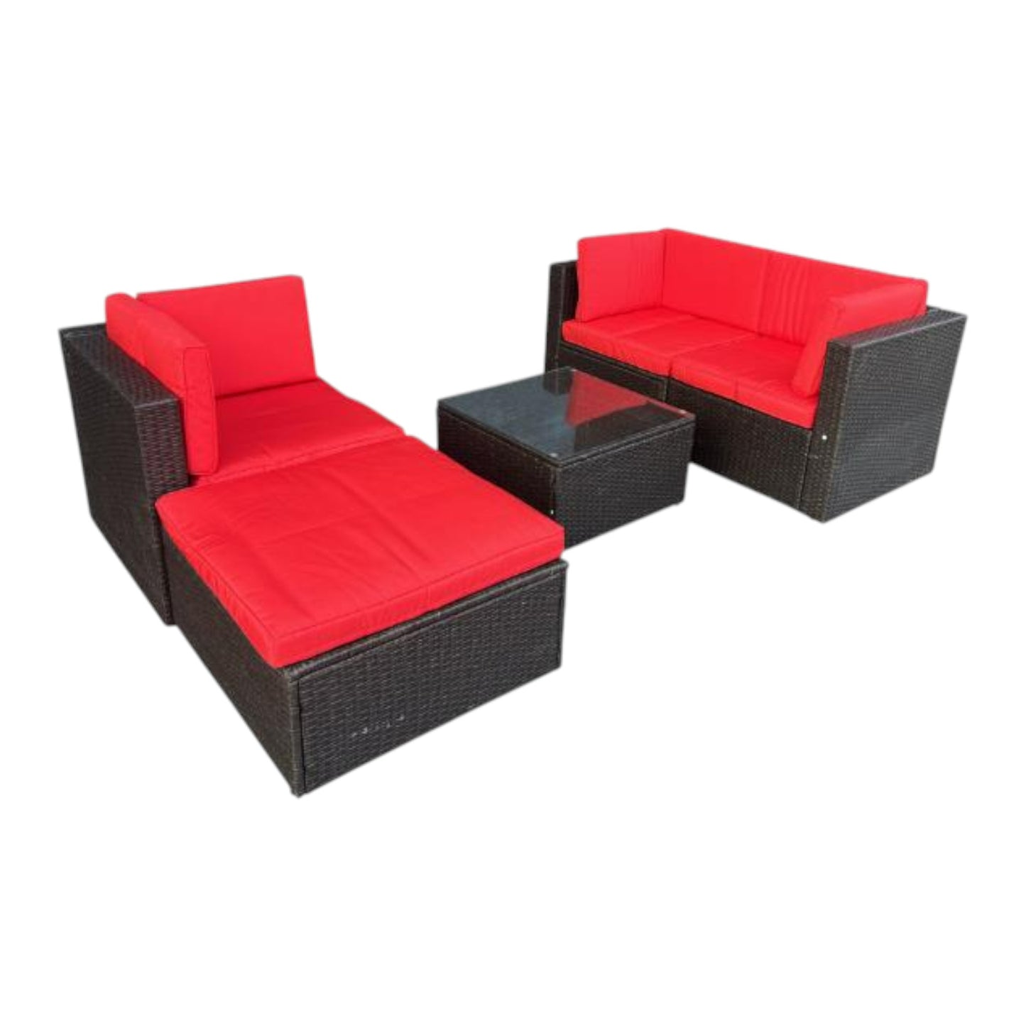 MFurn Kail Inspired 5-Piece Rattan Patio Sofa Set with Red Cushions & Ottoman