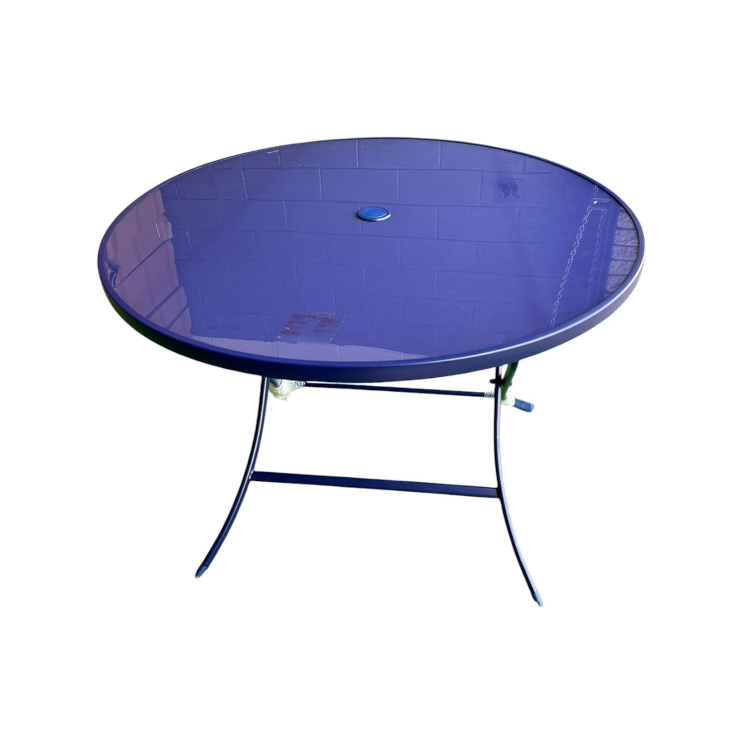 MFurn Round Steel Outdoor Dining Table, Navy Blue with Umbrella Hole