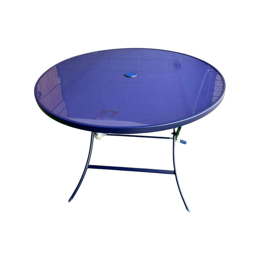 MFurn Round Steel Outdoor Dining Table, Navy Blue with Umbrella Hole