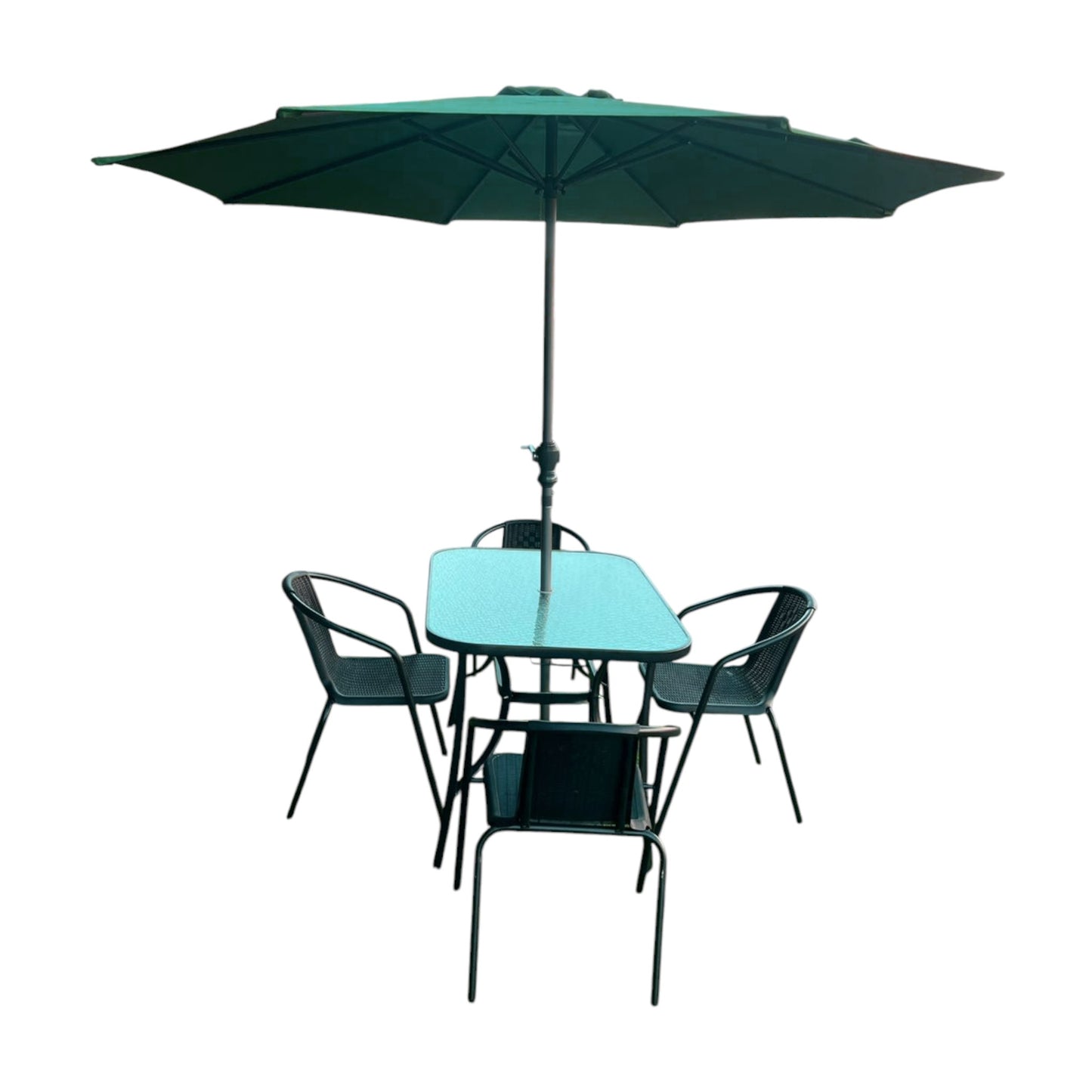 MFurn Sunshine 6 Piece Outdoor Patio Set with Steel Center Umbrella & Tempered Glass Table