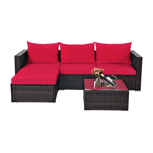 MFurn Kail Inspired 5-Piece Rattan Patio Sofa Set with Red Cushions & Ottoman