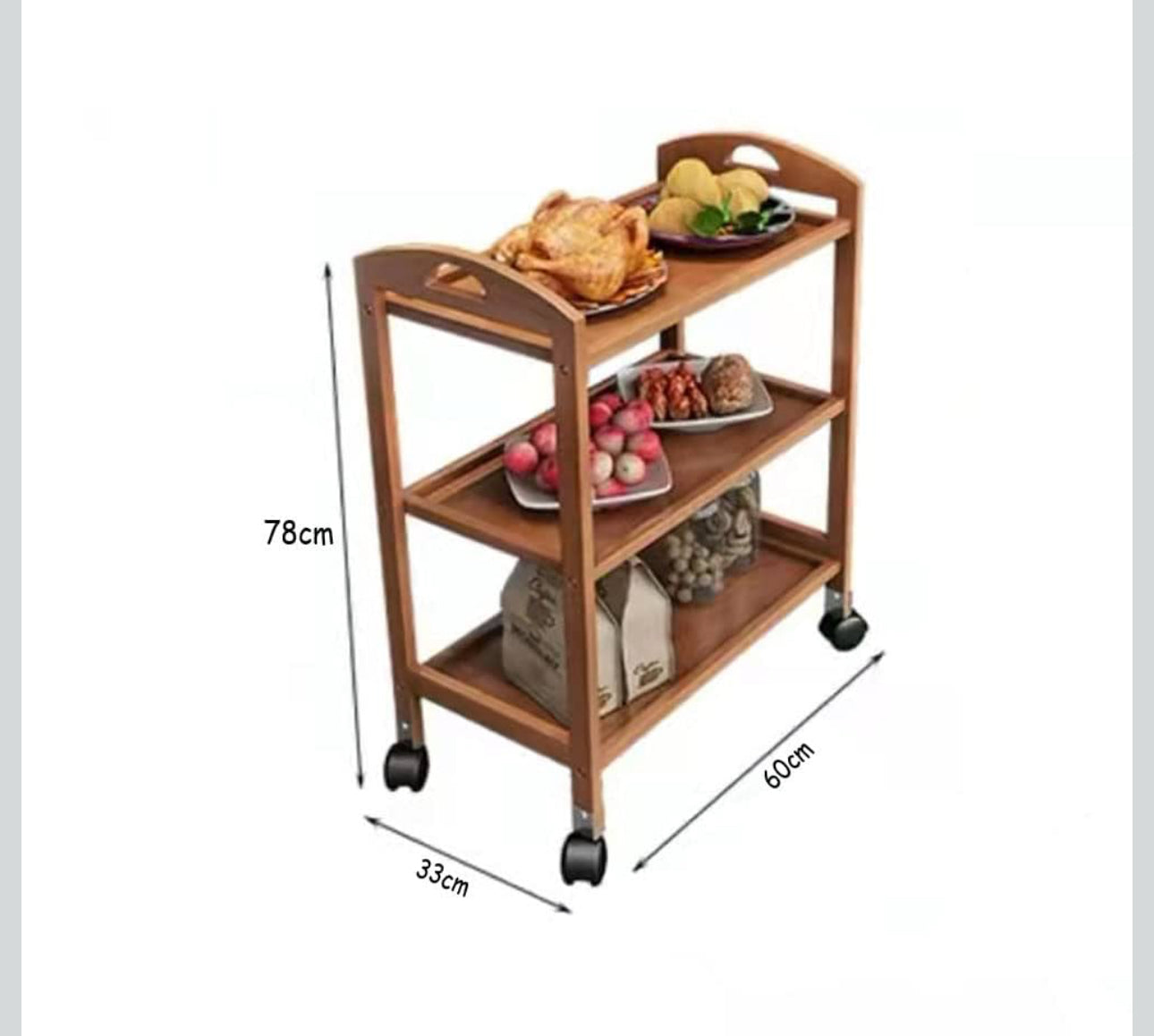 MFurn Bamboo Kitchen Trolley,3 Tier Kitchen Storage Rack Serving Trolley Island Cart with Rotating Wheels.