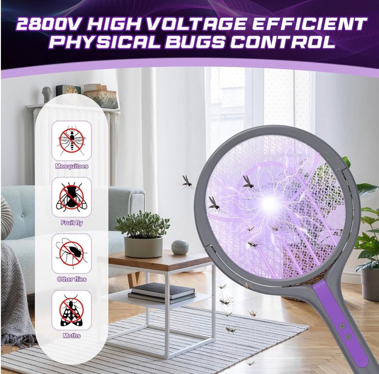 MHome 2 in 1 Rotating Head Electric Fly Swatter, Fly Zapper Racket Rechargeable with a Telescopic Extension, Handy Flies Killer Mosquito Bug Zapper for Indoor and Outdoor