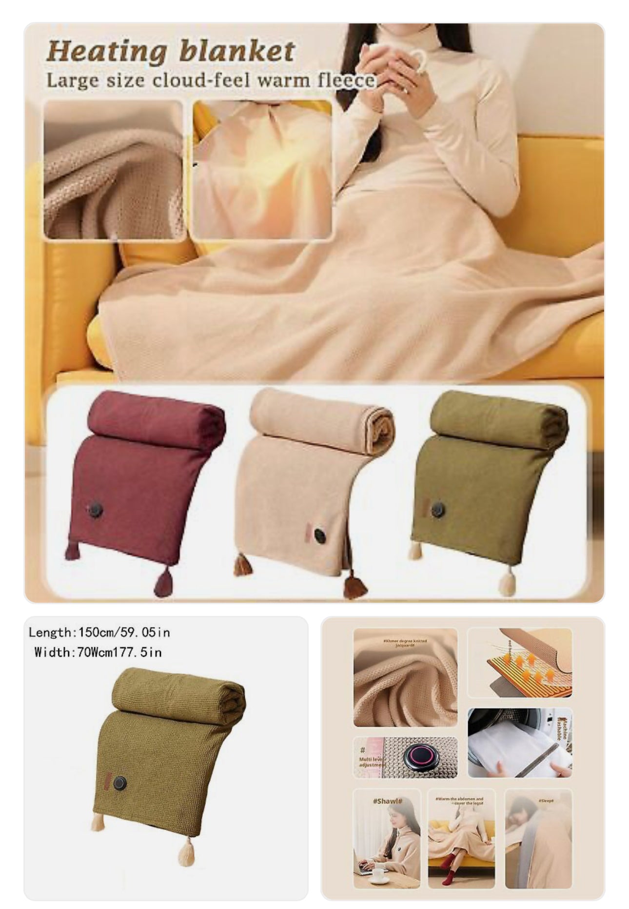 Large Plush we USB Electric Heated Blanket Warm Throw Poncho Wrap Blanket Shawl Portable