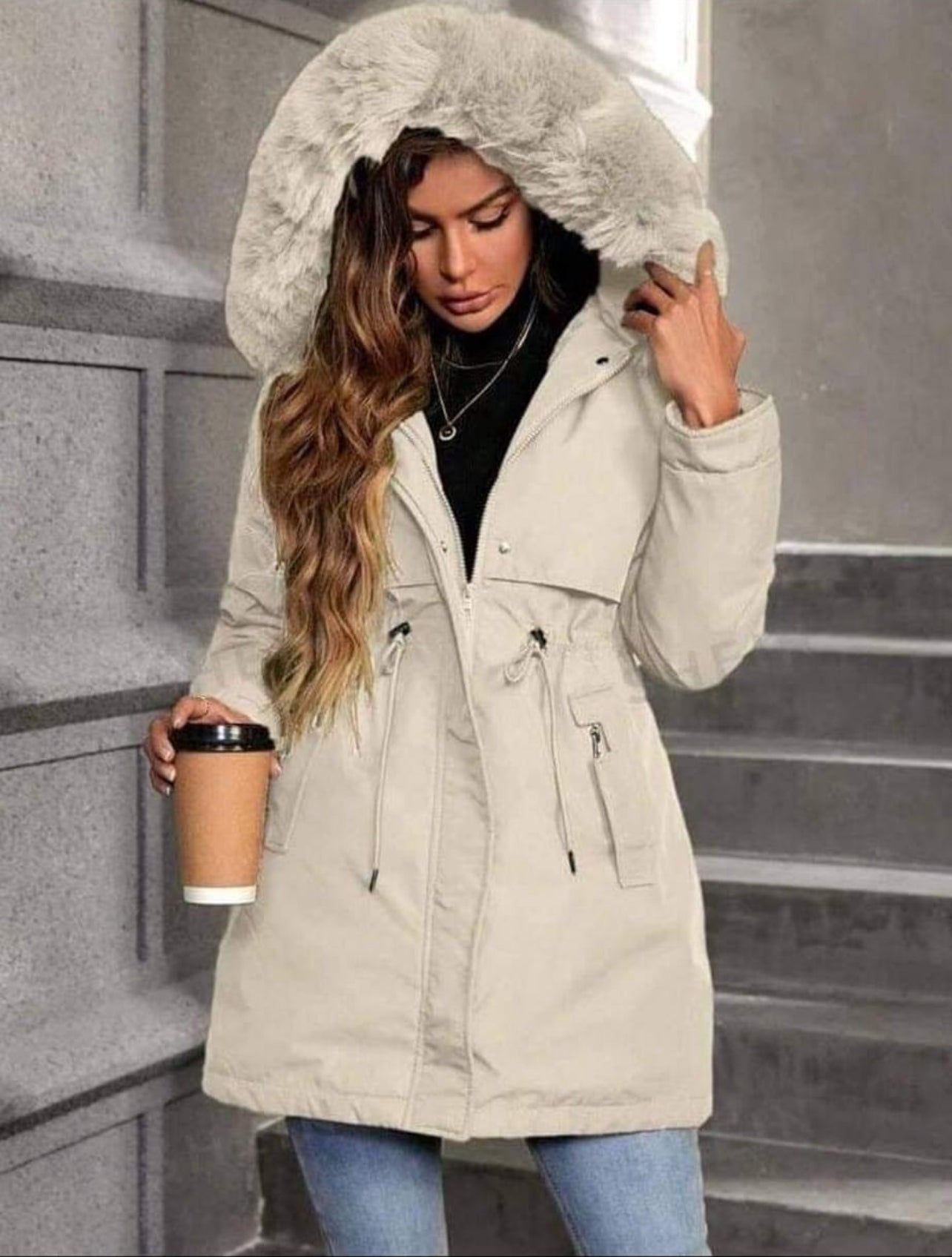 Ladies Hooded Faux Fur Lined Parka Jacket - Various Colours