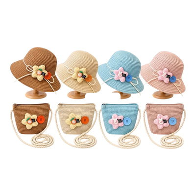 Straw Hat Bag Set Children's Sun Hat Cute Summer Beach Hat + Straw Bag for Girls Travel Hat with Flower Decoration for Holiday Travel Outdoor