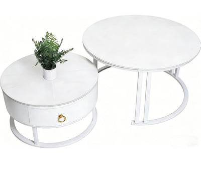 MFURN White Coffee Tables, Nesting Coffee Tables Set of 2, Nest of Table with Storage Drawer, Modern Centre Table with Rock Slab and Metal Frame Legs for Living Room, Office, Apartment