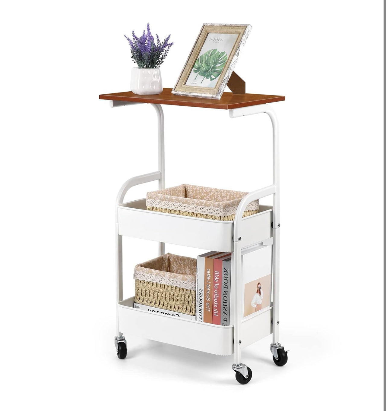 MHome 2-Tier Coffee Table Trolley – Rolling Storage Cart with Shelves, Metal Frame & Wood Finish
