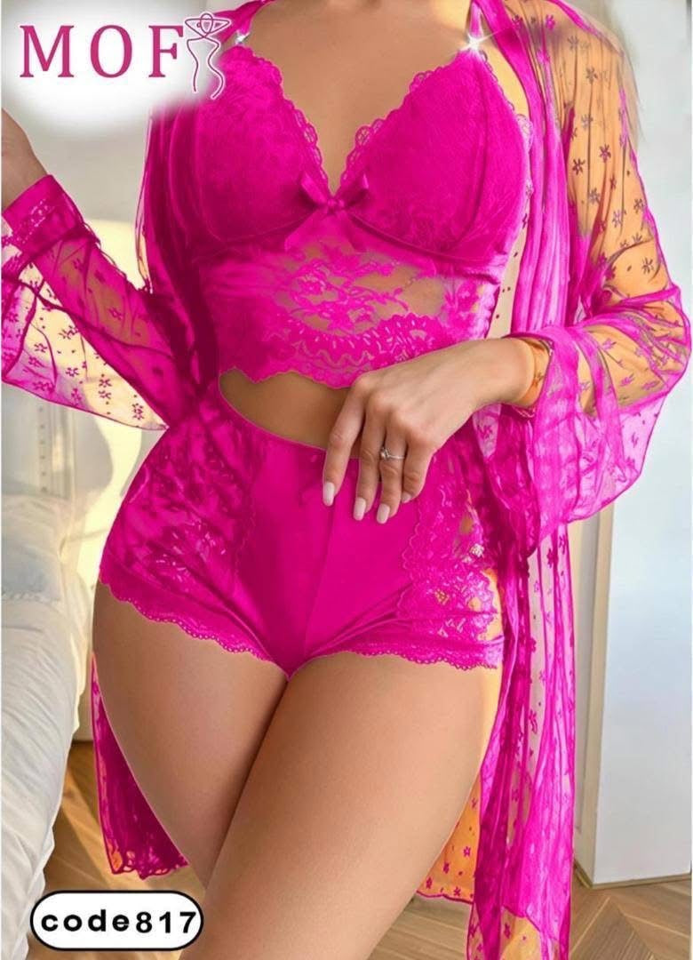 Womens Sexy Lingerie Robe Set - 3 Piece Women's Lingerie Lace Floral Robe with Bra and Panty Set Babydoll Sheer Nightgown-Various Colours