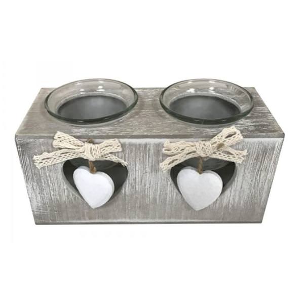 MHome Heart-Shaped Wooden Tealight Candle Holders | Set of 3 Grey Decorative Holders with Glass Cups