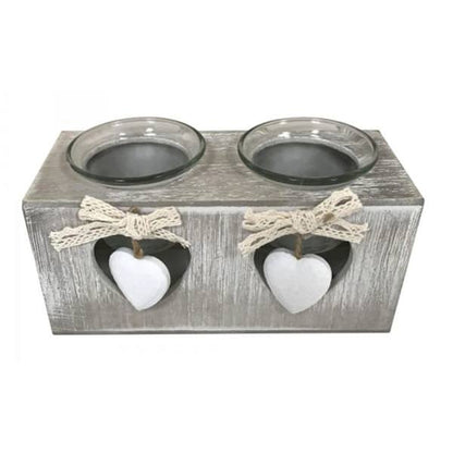 MHome Heart-Shaped Wooden Tealight Candle Holders | Set of 3 Grey Decorative Holders with Glass Cups