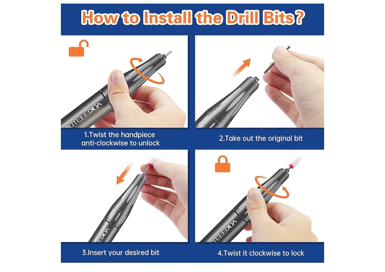 Professional Rechargeable 35000 RPM Nail Drill, Electric Nail Drills Machine for Acrylic Nail Natural Extension Poly Nail Gel, with 6 bits Portable Manicure Pedicure Drill Machine, Grey