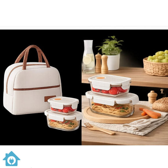 MHome Glass Lunch Box Set with Insulated Carry Bag – 3 Piece Meal Prep Container Set