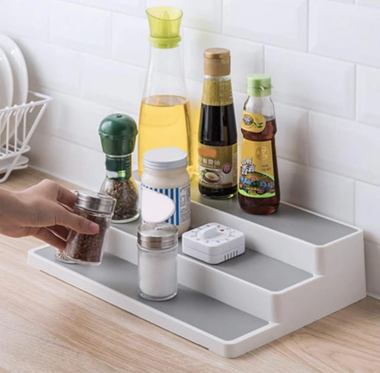 Smart Design 3-Tier Plastic Spice Rack - Non-Slip Lining and Feet - BPA Free - Cupboard, Jars, Cans, Cabinet, Countertop, Pantry, Storage, Kitchen Organizer - White with Gray