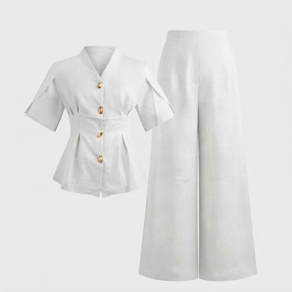 Women’s Button Front Wide Leg 2 Piece Set – Short Sleeve Top & Pants