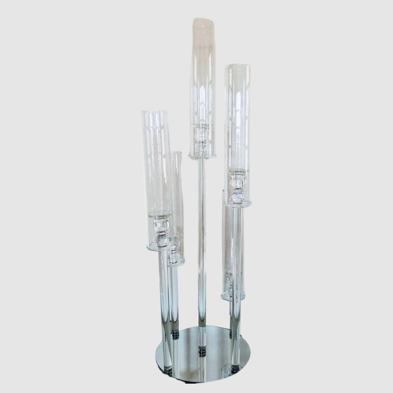 MHome  5-Arm Crystal Round Glass Taper Candle Candelabra, Pillar Candle Holder Wedding Centerpiece