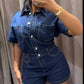 Ladies Collar Short Sleeve Single Breasted Retro Pocketed Denim Jumpsuit