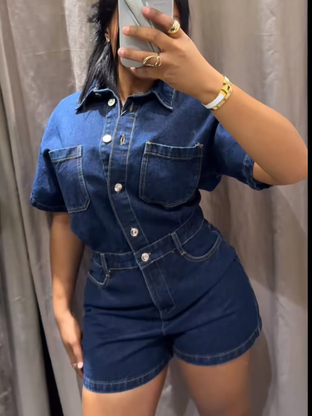 Ladies Collar Short Sleeve Single Breasted Retro Pocketed Denim Jumpsuit