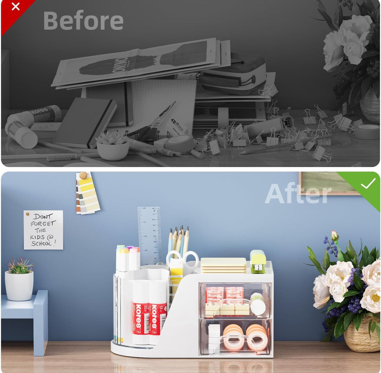 Desk Organizer with 2 Drawer, 360°Rotating Pen Holder for Desk,  with 6 Slots Pencil Organizer + 2 Drawer
