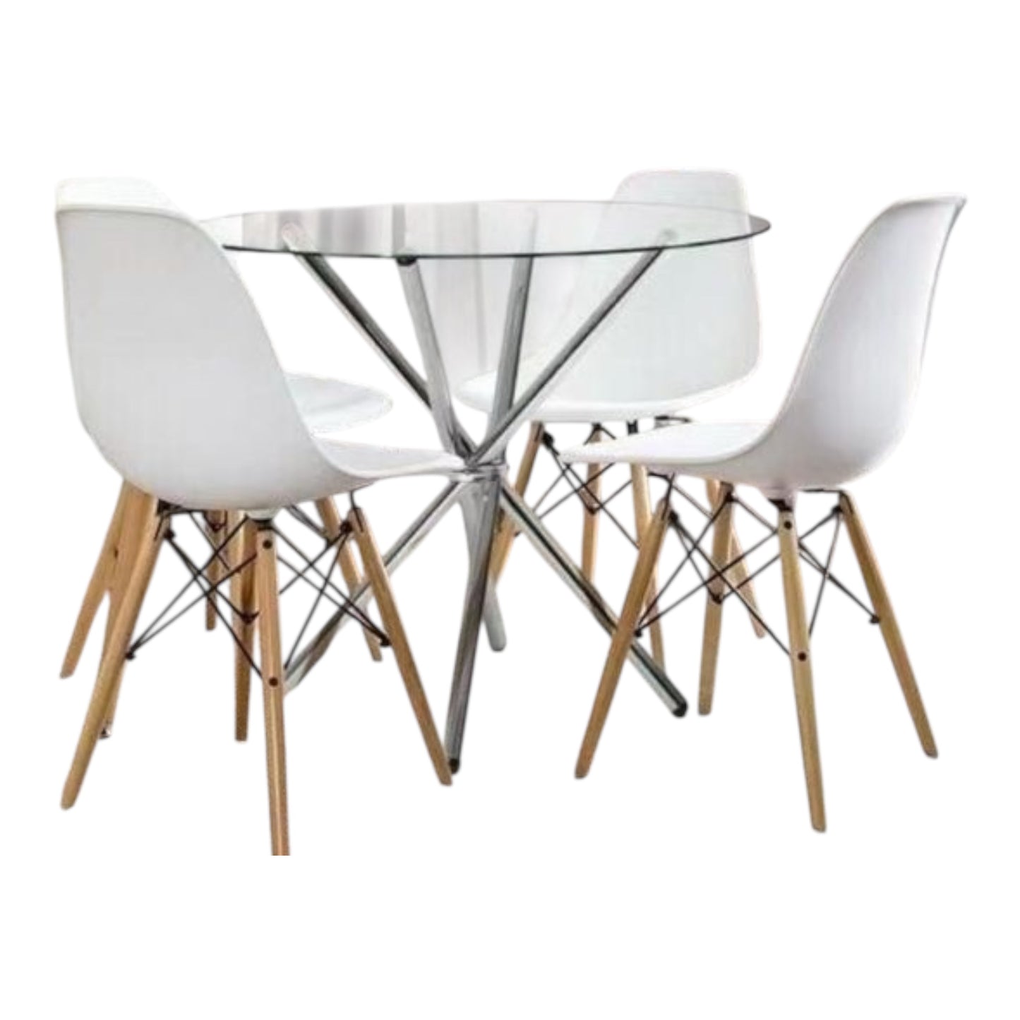 MFurn Round Table+Four Eames Style Chairs ,Glass Table Top Dining 5pc Set
