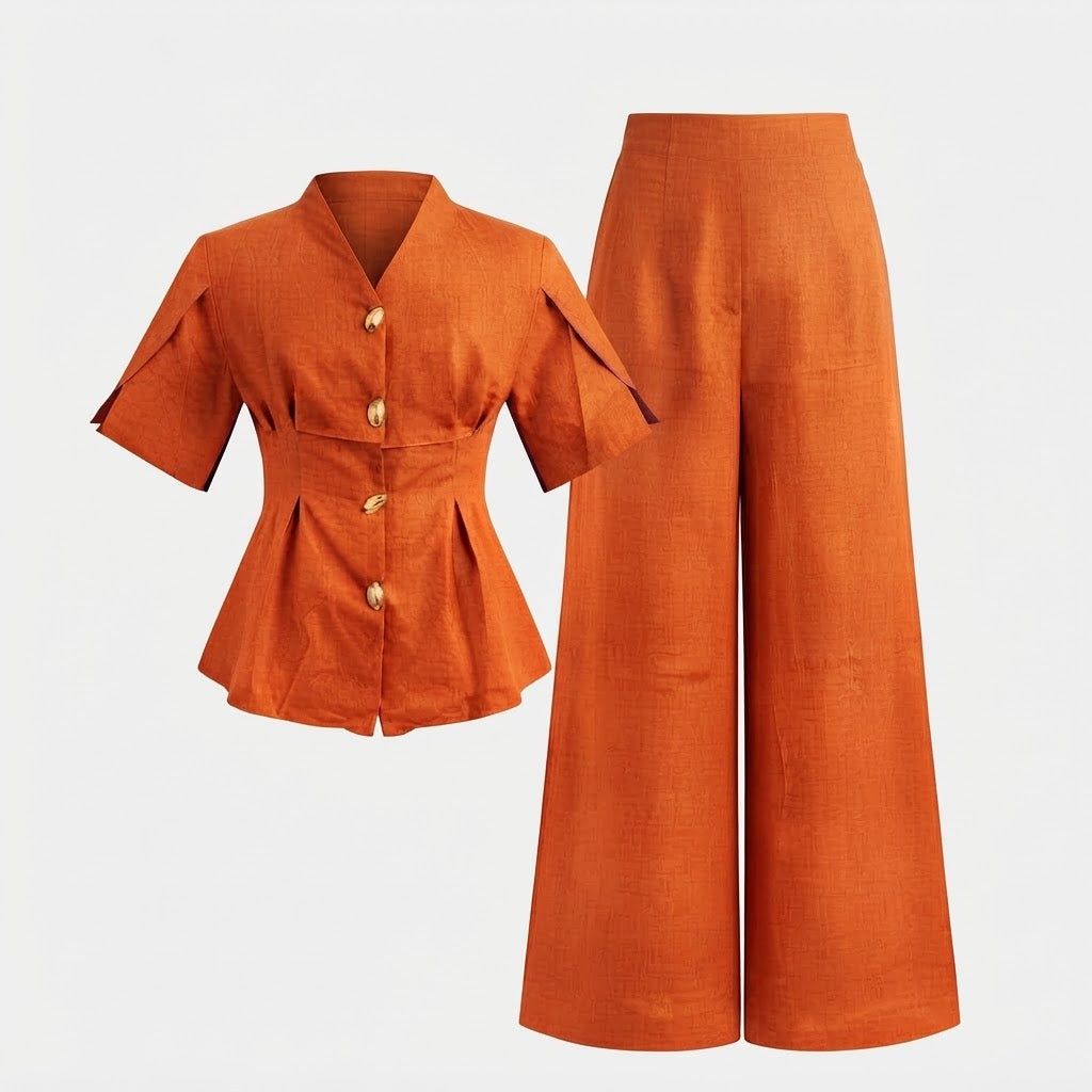Women’s Button Front Wide Leg 2 Piece Set – Short Sleeve Top & Pants
