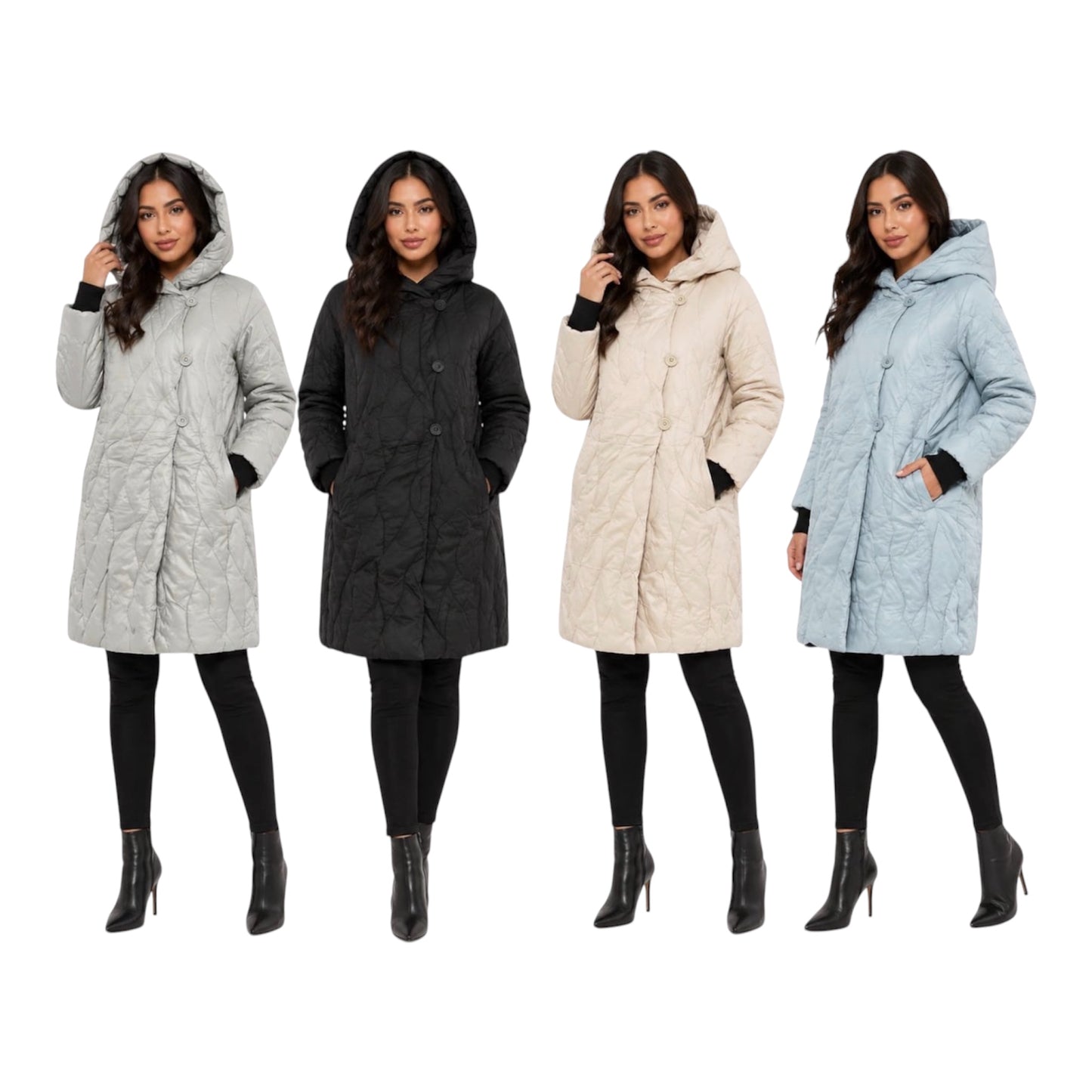 Ladies Petite Quilted Hooded Trench Coat- Various Colours