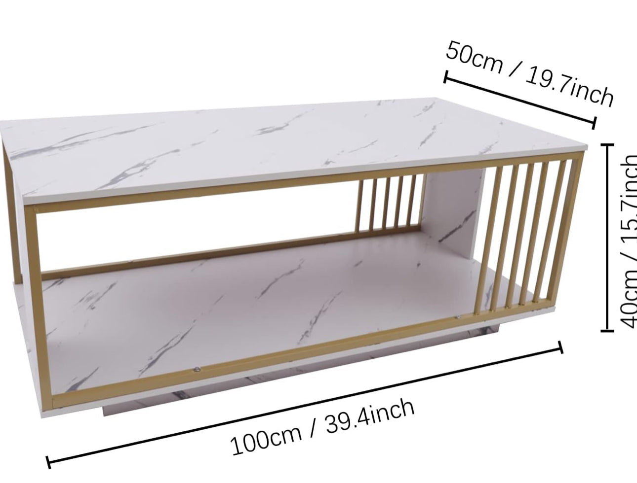 MFurn Nordic 2-Tier Storage End Table – Rectangular Coffee Table with Gold Frame