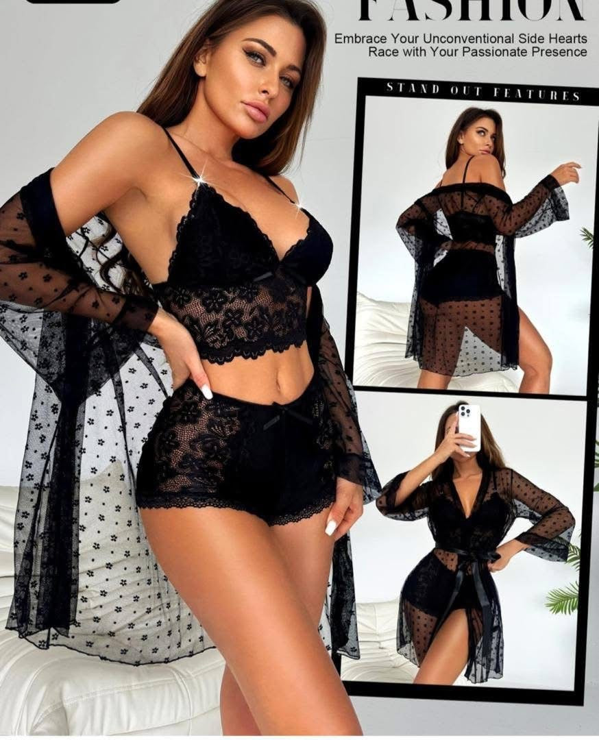 Womens Sexy Lingerie Robe Set - 3 Piece Women's Lingerie Lace Floral Robe with Bra and Panty Set Babydoll Sheer Nightgown-Various Colours