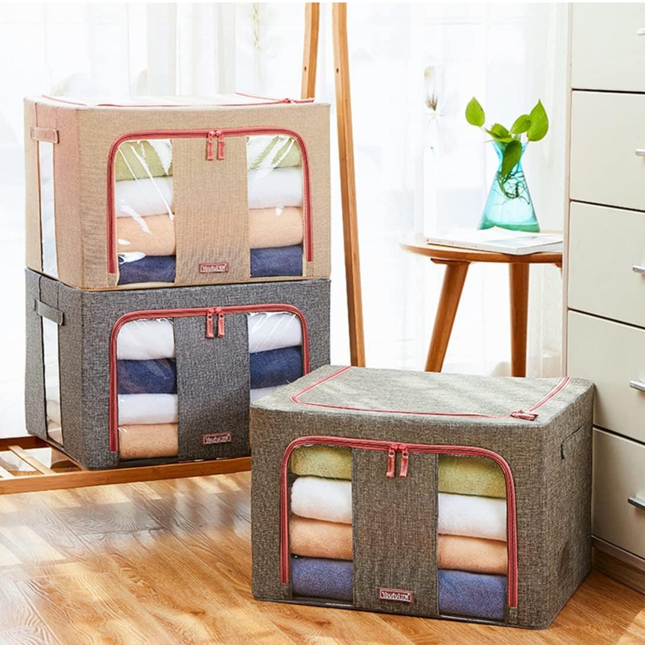 Clothes Storage Box with Transparent Window, Storage Box, Wire Included, Storage Case, Stacking, Clothes Case, Large Capacity, Clothes Storage, Foldable, Easy to Take Out, Handle, Washable, Dustproof, Moisture-Proof, Clothes, Toys, Documents, Living Room,